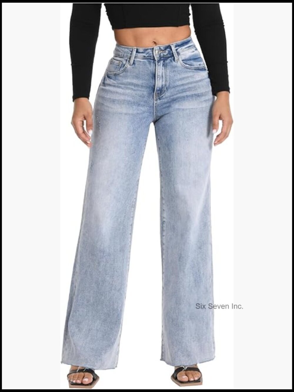 High Waisted Stretchy Wide Leg Jeans Tummy Control Raw Hem Casual Denim